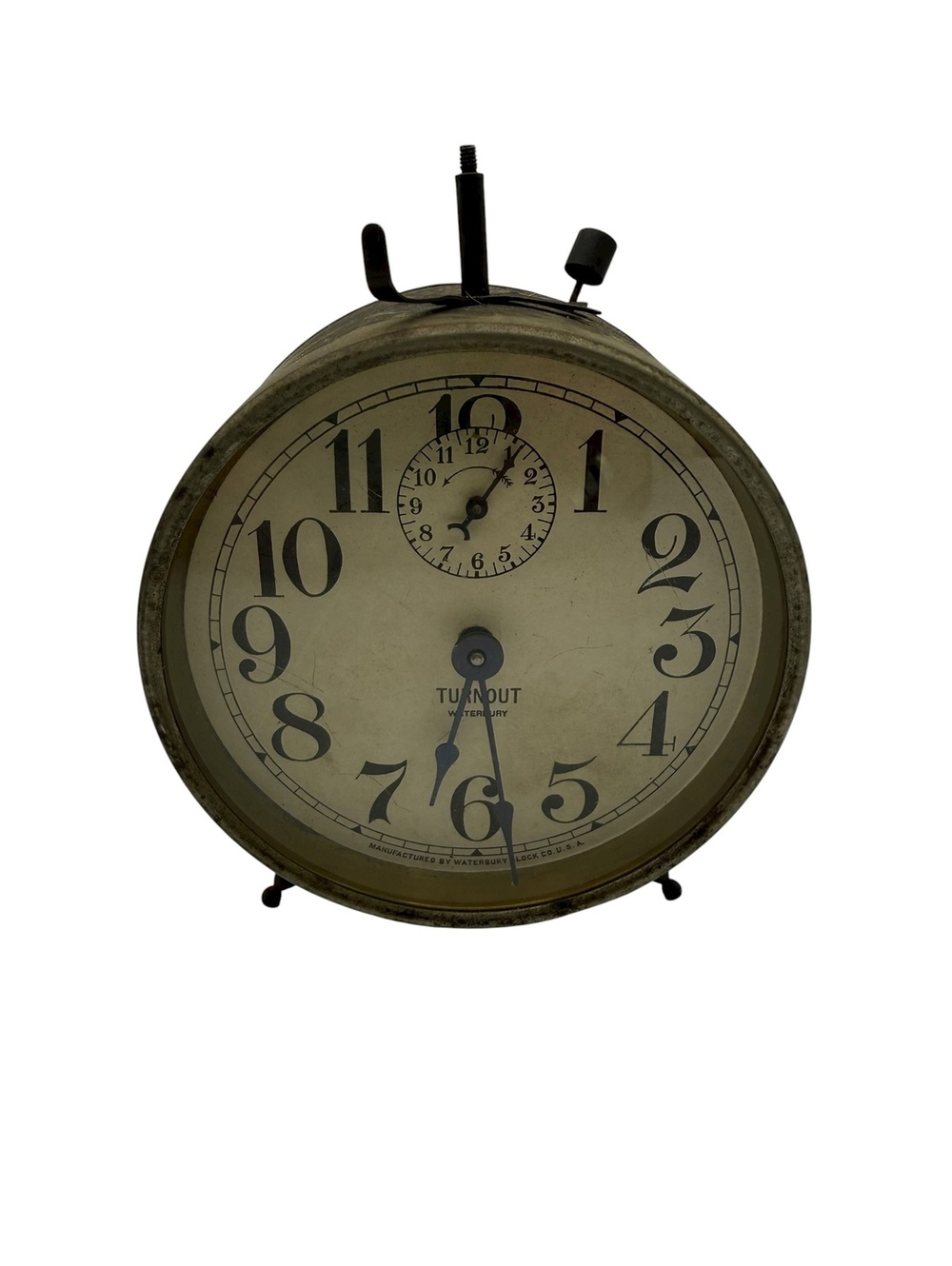 Antique Waterbury Turnout Alarm Clock c. 1920 Metal Case Radium Dial NON-WORKING